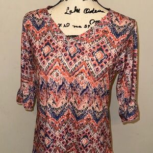 Aztec Diamond Pattern V-Neck Blouse in Coral and Navy